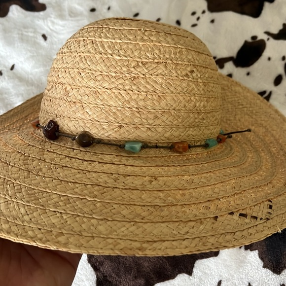 Straw beach hat OS natural tan acrylic stone & cotton band boho garden party DP - Picture 5 of 6